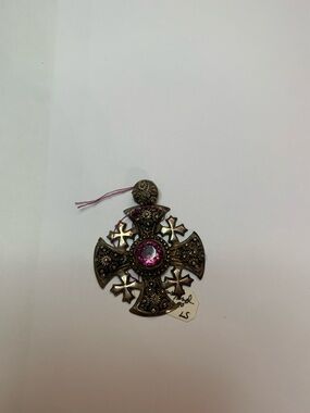 Antique-Style Bronze Cross Necklace with Pink Gem Accent